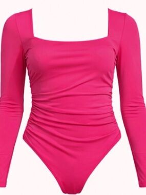Hot Pink Ruched Bodysuit | Square Neck Chic Statement Top